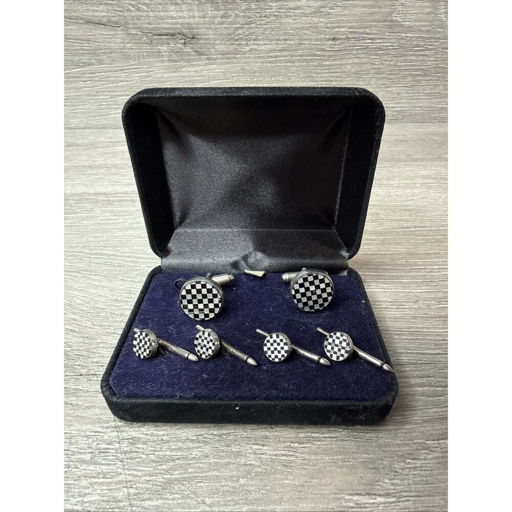 ONYX & MOTHER OF PEARL STERLING CHECKERBOARD STUD SET